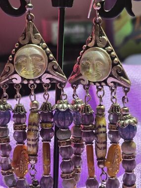 Boho Moon Medallion Dangle Pierced Earrings in Purple, Amber & Silver